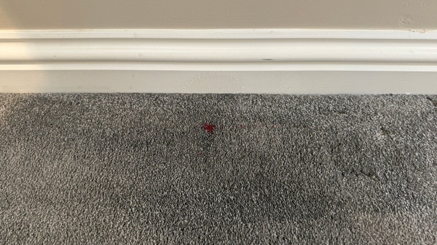 A red felt tip pen mark on a grey carpet before cleaning
