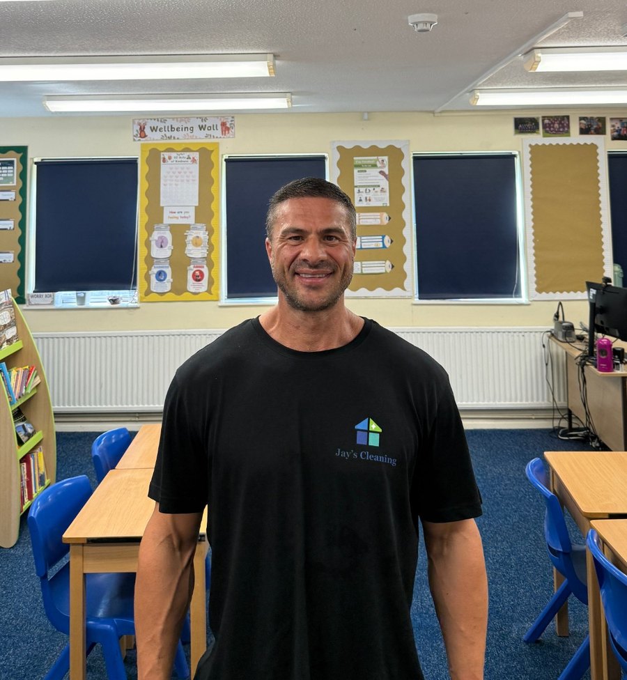 Jay Horwood, owner of Jay's Cleaning, in a school classroom he has just cleaned