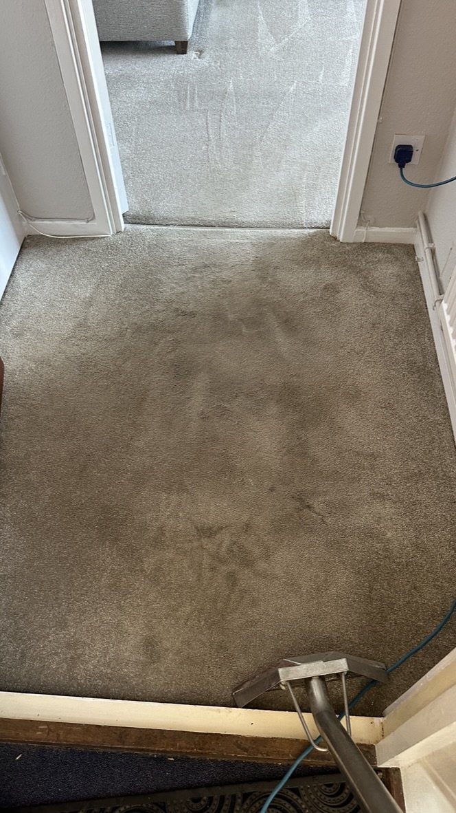 A landing carpet dark with foot traffic before cleaning by Jay's Cleaning