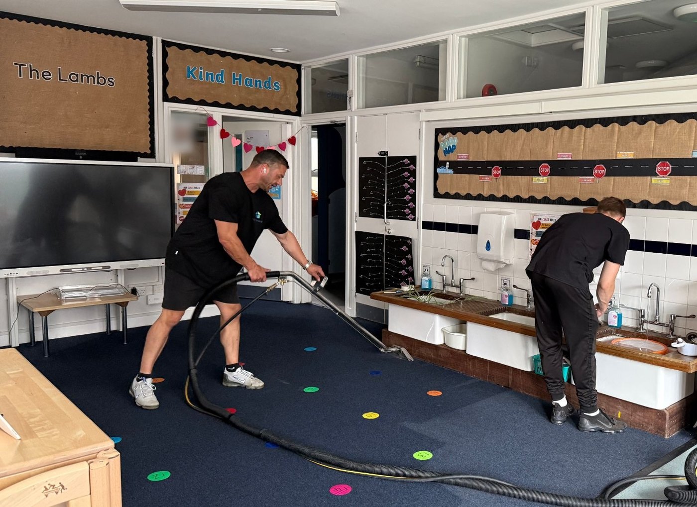 Jay's Cleaning deep-cleaning a reception classroom carpet at St John's School in Pinner